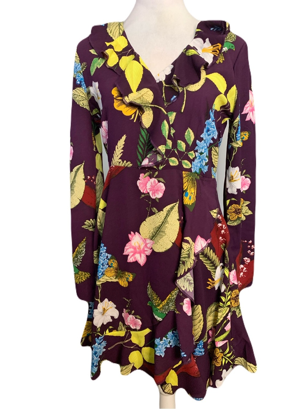NWT Romeo & Juliet Couture Medium Purple Floral Bird Print Long Sleeve Dress